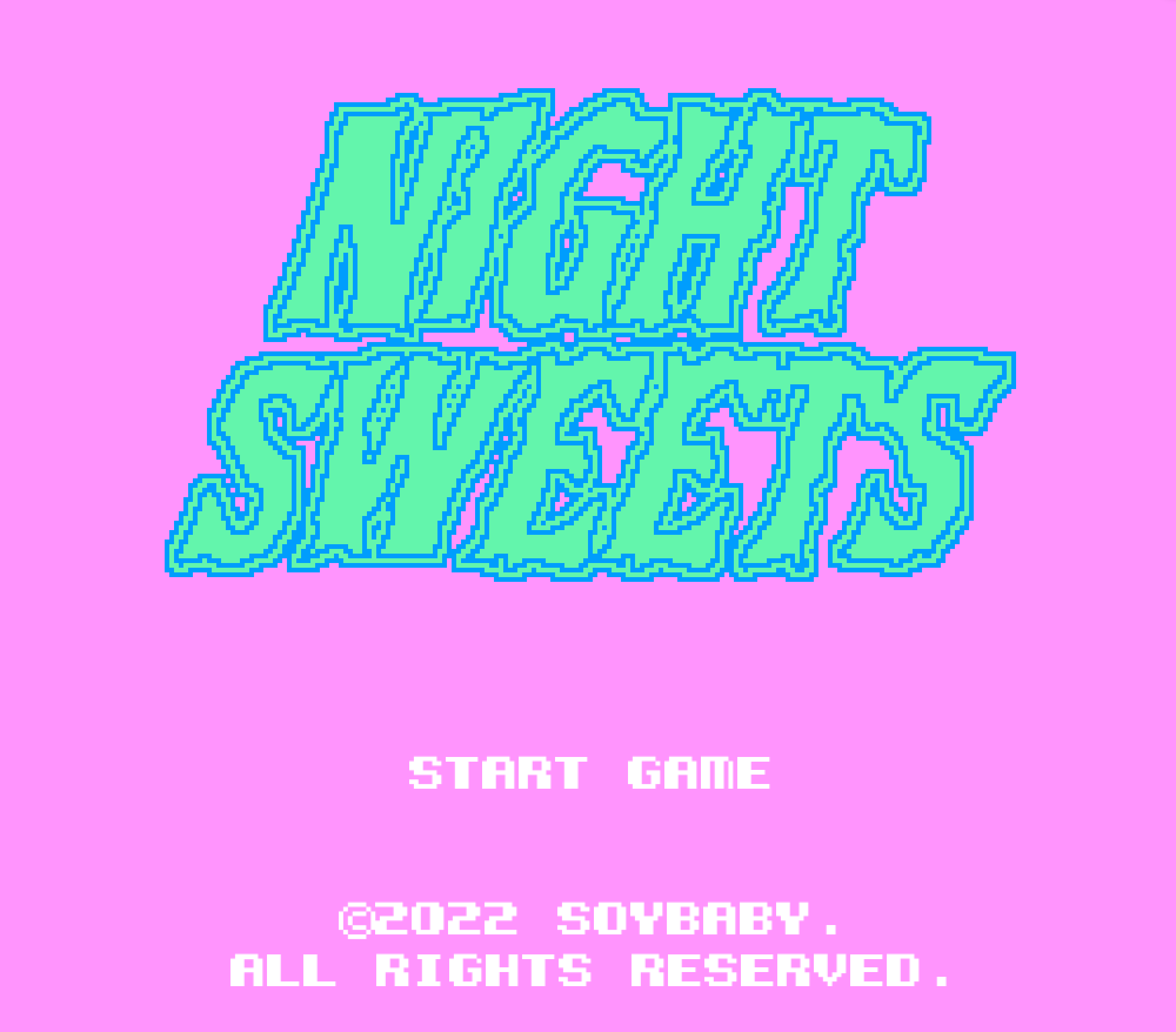 Night Sweets retro video game 8-bit pixel art title screen neon pink & green color
